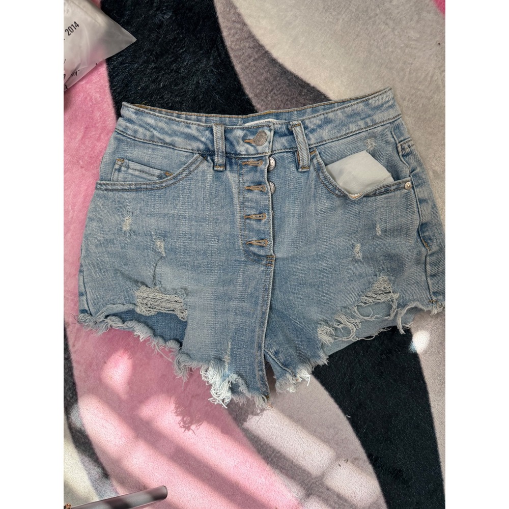 Madden NYC Womens Distressed Denim Shorts Light Wash Button Fly Size 1